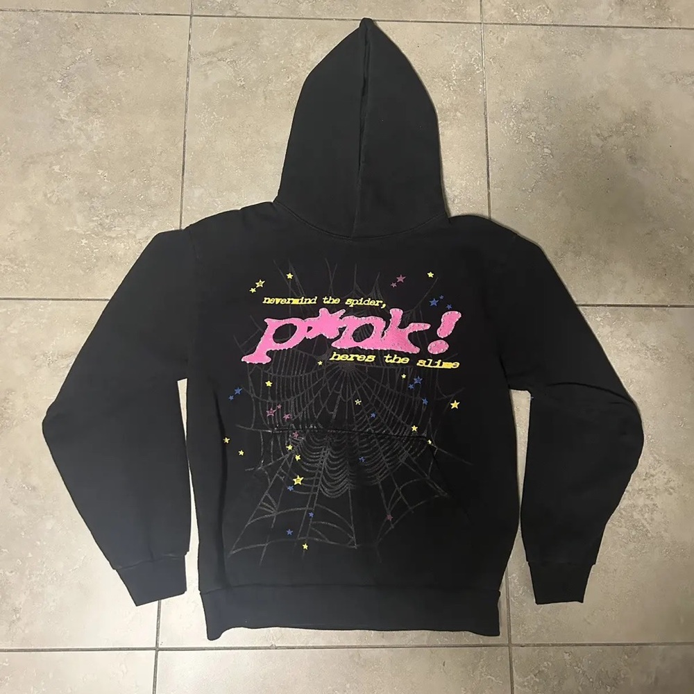 Black and Pink Sp5der hoodie.